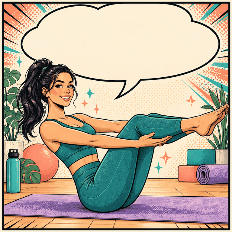 Comic illustration of a dark-haired woman doing Pilates, with animated text: You are awesome, followed by STAY.